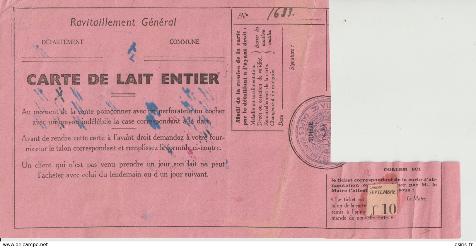 RAVITAILLEMENT GENERAL - CARTE DE LAIT ENTIER - 1940 - TROIS QUARTS DE LITRE - CARTE D'ALIMENTATION - SOSPEL - BEVERA - Documentos Históricos