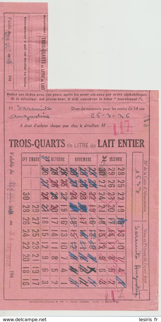 RAVITAILLEMENT GENERAL - CARTE DE LAIT ENTIER - 1940 - TROIS QUARTS DE LITRE - CARTE D'ALIMENTATION - SOSPEL - BEVERA - Historische Dokumente