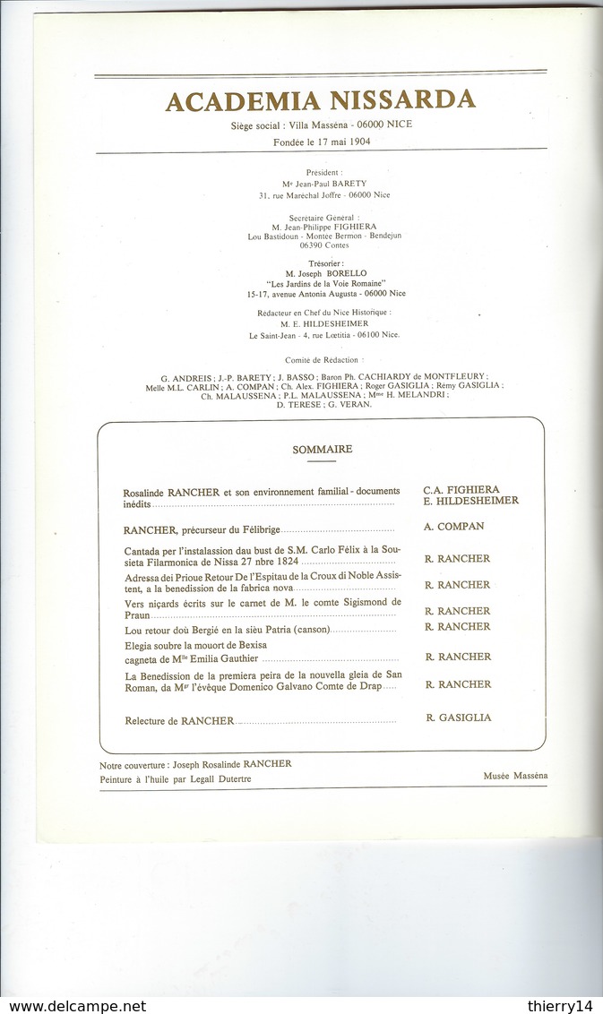 Revue Nice Historique De L'Academia Nissarda - 88ème Année N°2-3 - Avril-Septembre 1985 - Rosalinde Rancher - Côte D'Azur