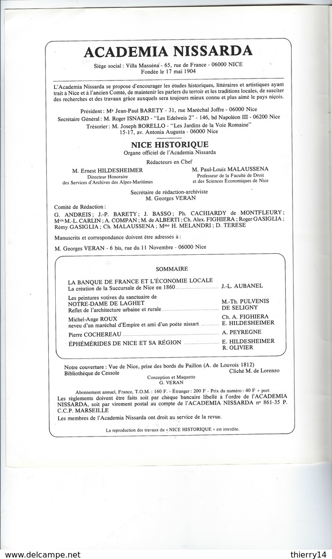 Revue Nice Historique De L'Academia Nissarda - 90ème Année N°2 - Avril-Juin 1987 - Côte D'Azur