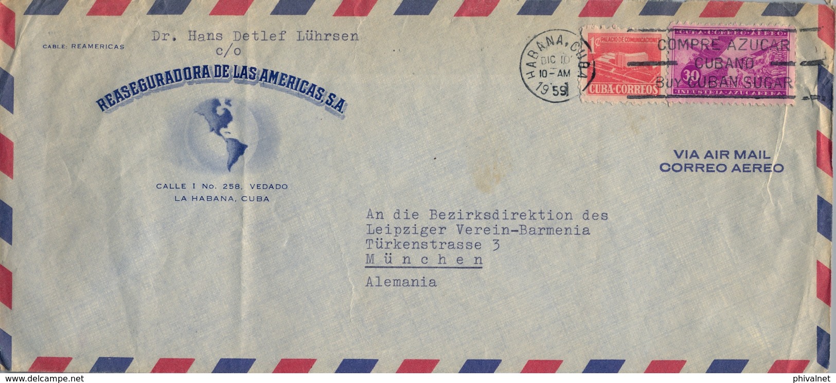 1959 , LA HABANA - MÜNICH , CORREO AÉREO , REASEGURADORA DE LAS AMÉRICAS - Cartas & Documentos