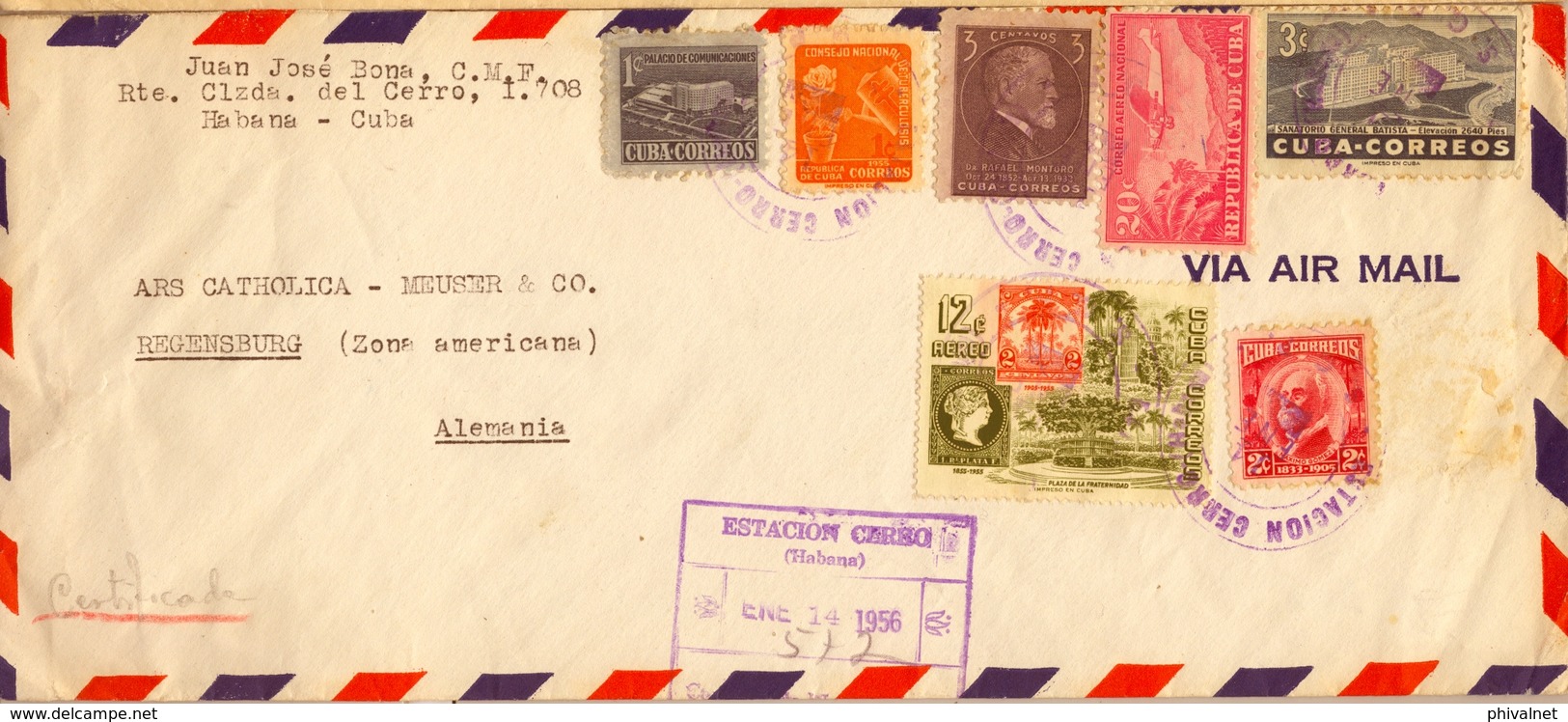 1956 , LA HABANA - ESTACIÓN CERRO / REGENSBURG , CORREO AÉREO , LLEGADA - Cartas & Documentos