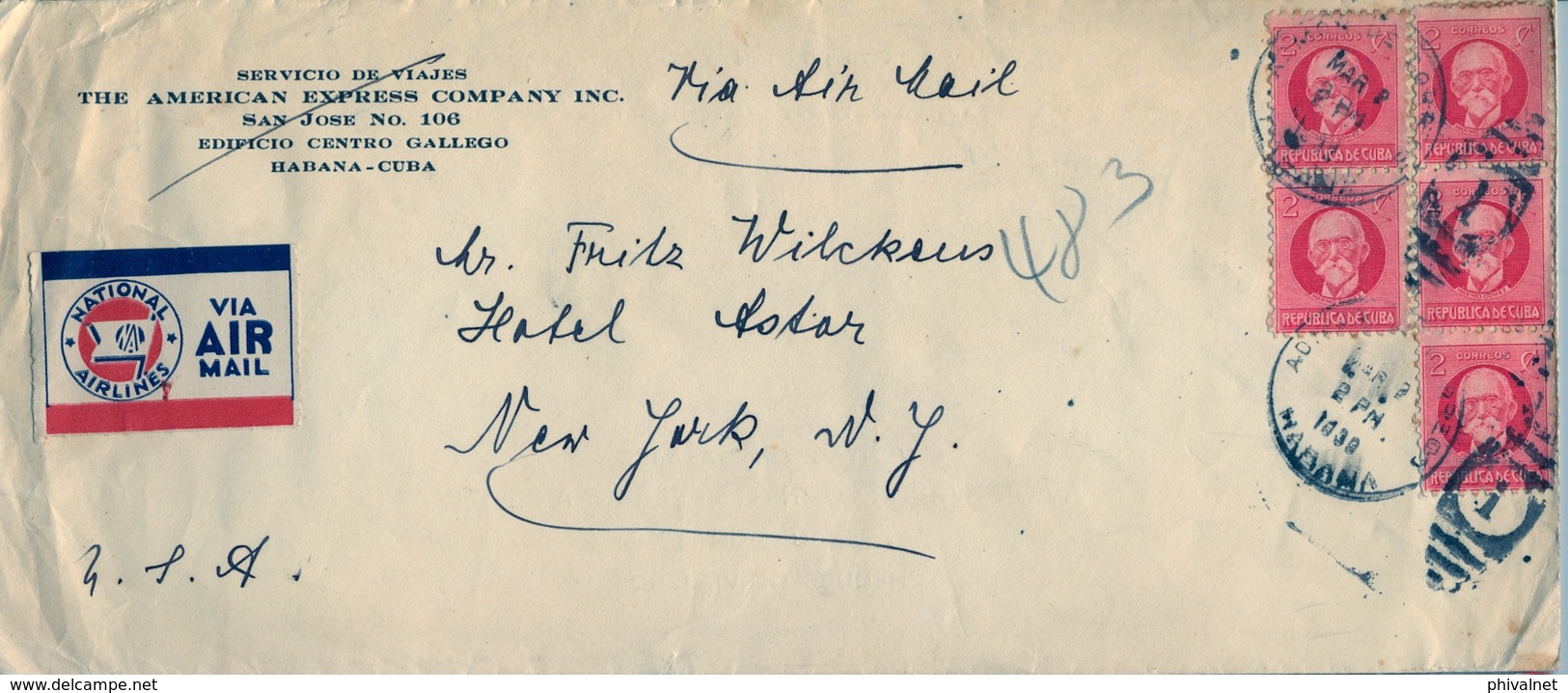 1939 , CUBA , LA HABANA - NUEVA YORK  , THE AMERICAN EXPRESS COMPANY , LLEGADA DEL HOTEL ASTOR - Cartas & Documentos