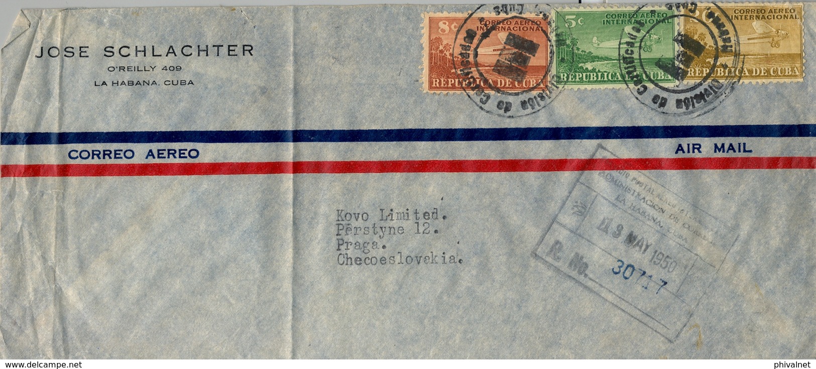 1950 , CUBA , LA HABANA - PRAGA ( CHECOSLOVAQUIA ) , CERTIFICADO , TRÁNSITOS MIAMI Y WASHINGTON - Lettres & Documents