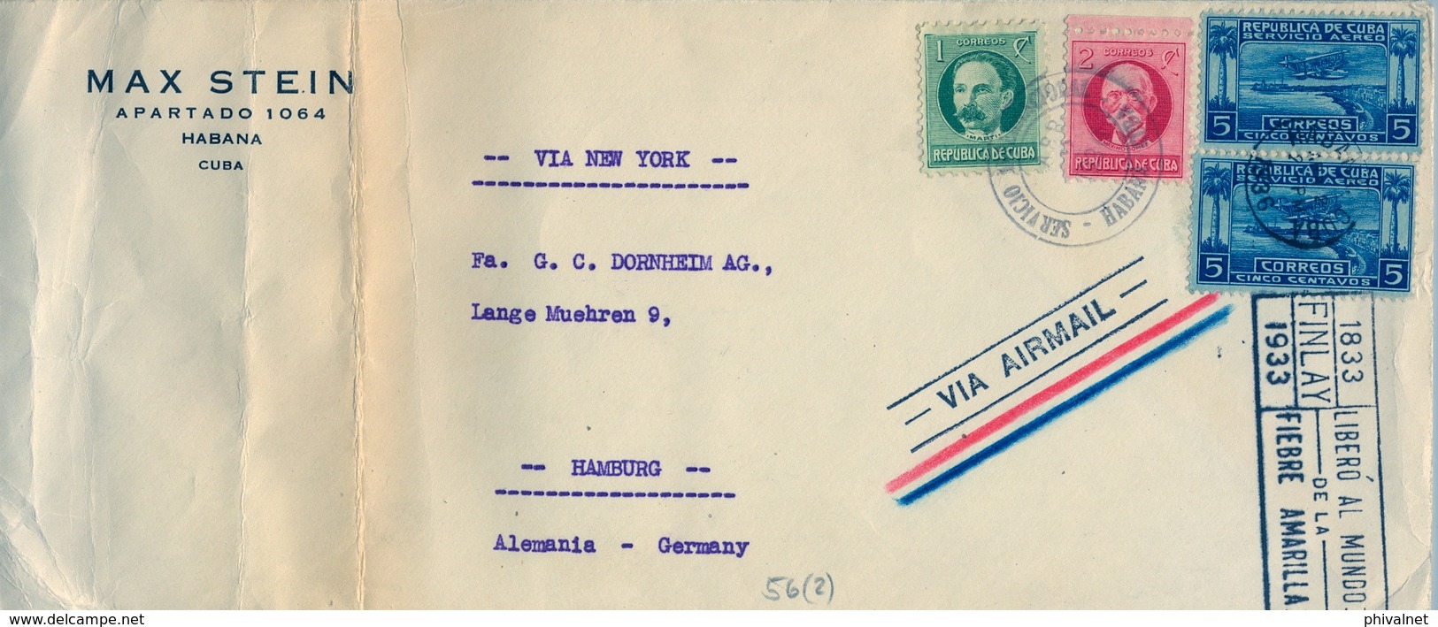 1936 , CUBA , LA HABANA - HAMBURGO , VIA NEW YORK , CORREO AÉREO - Cartas & Documentos