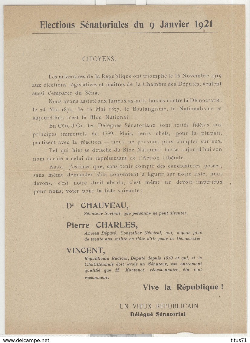 Tract Elections Sénatoriales Du 9 Janvier 1921 + Bulletin De Vote - Un Vieux Républicain - Documents Historiques