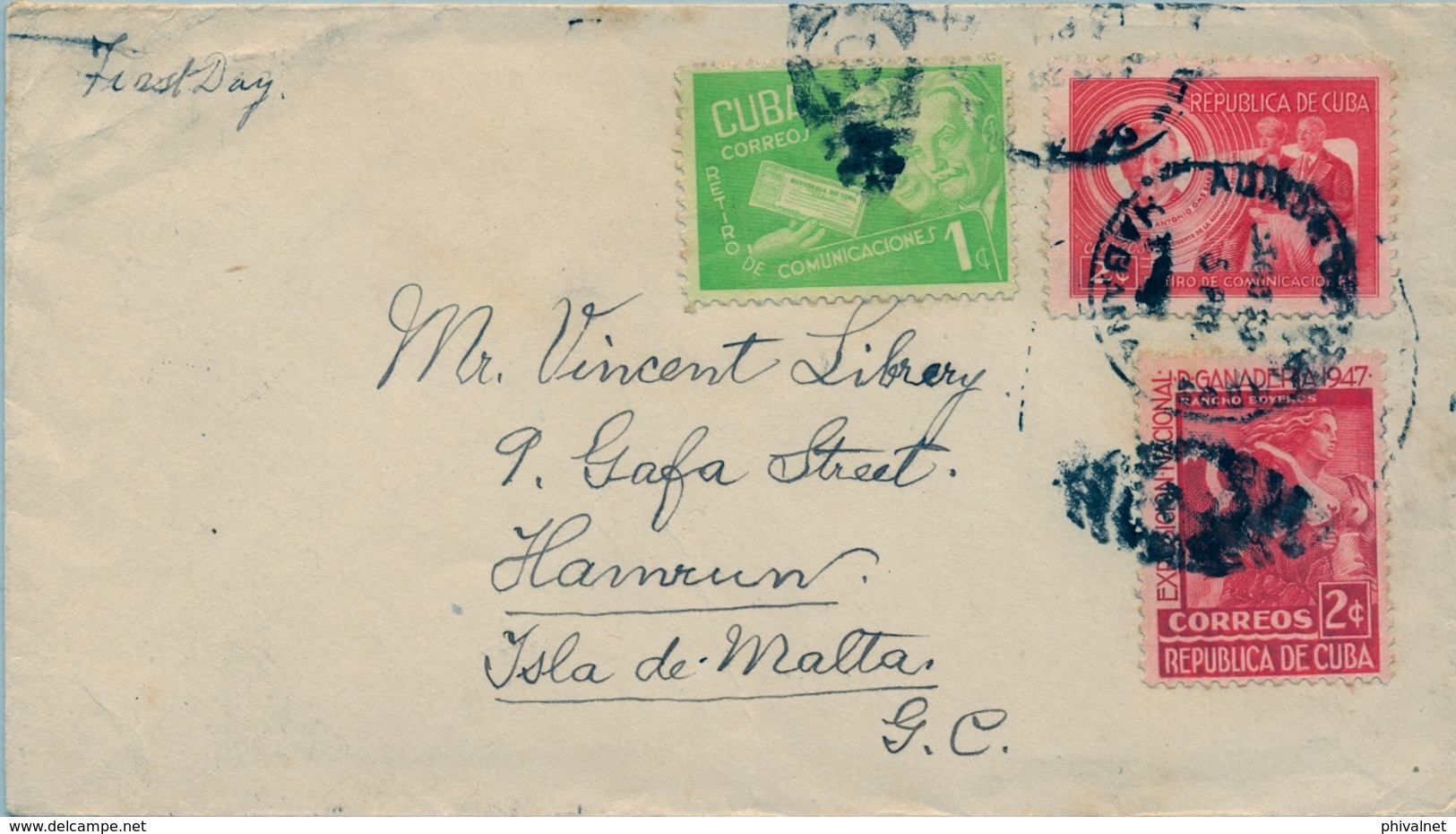 1948 CUBA , LA HABANA - HAMRUN ( ISLA DE MALTA ) , EXPO INT. DE GANADERIA , RETIRO COMUNICACIONES , LLEGADA - Storia Postale