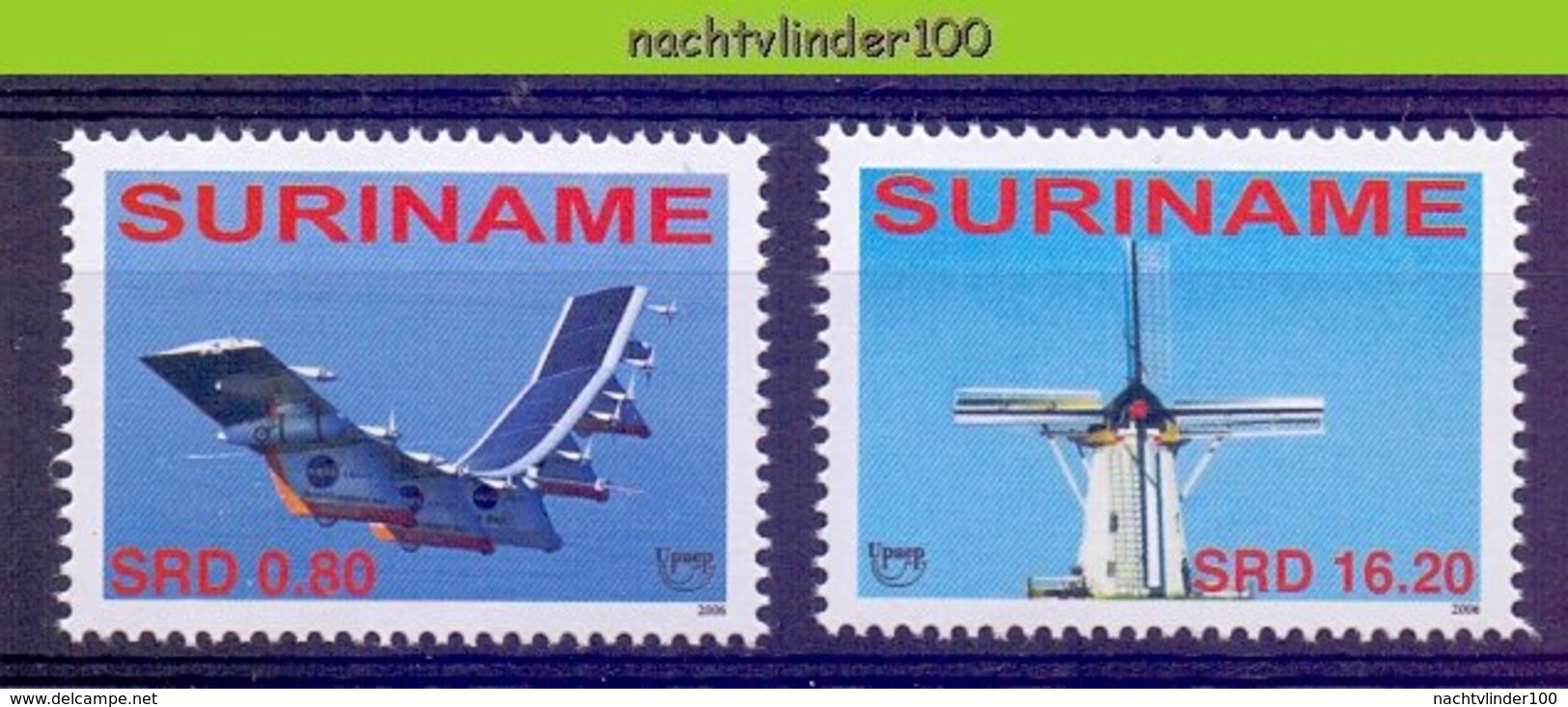 Nfm1392 TRANSPORT VLIEGTUIG MOLEN UPAEP U.P.A.E.P. MILL SOLAR PLANE MUHLE FLUGZEUG SURINAME 2006 PF/MNH - Vliegtuigen