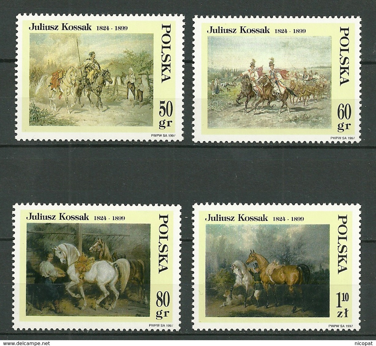 POLAND MNH ** 3446-3449 Hommage Au Peintre Juliusz KOSSAK (1824-1899) Tableaux Scènes Avec Chevaux Cheval Art Peinture - Neufs