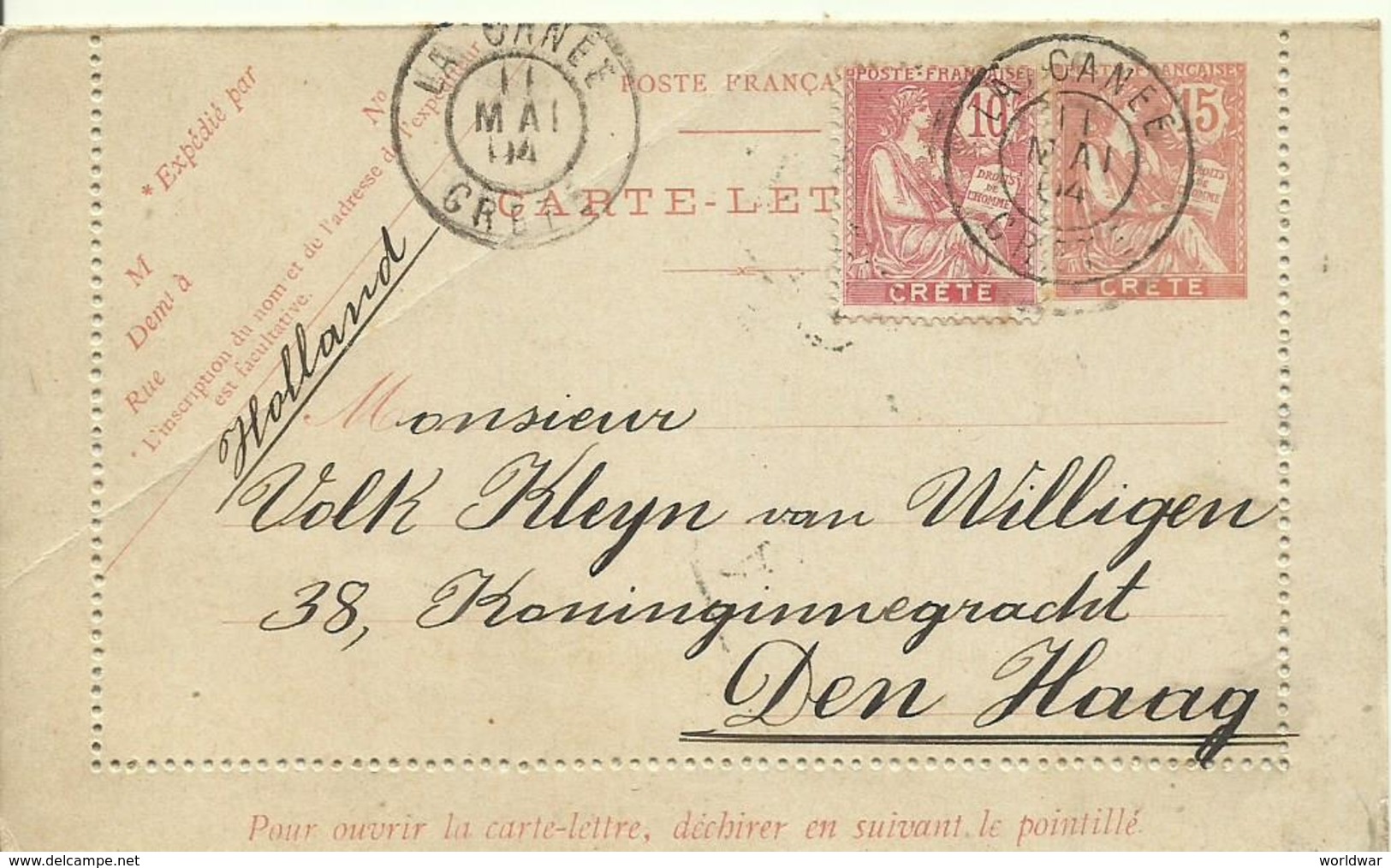 1904  Crète  Carte-Lettre 15c + Timbre 10c De La Canée (Chania - Xania) Vers Den Haag, Hollande  Rare - Sonstige & Ohne Zuordnung