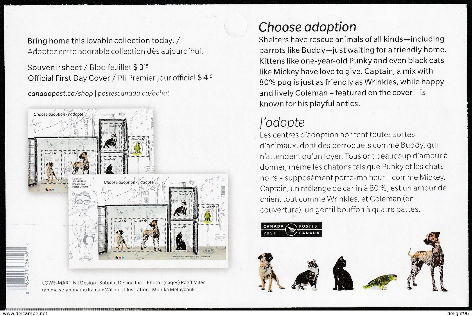 2013 Canada Pet Adoption: Dogs, Cats, Parrot Booklet (Self Adhesive) - Hunde