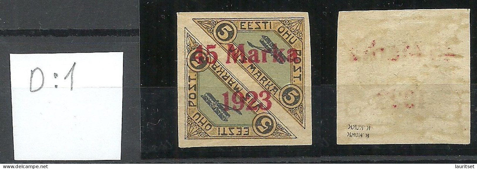 ESTLAND ESTONIA 1923 Michel 45 B II D: 1 (PATCHY Gum/Spargummi) Variety Abart * RRR Signed K. Kokk - Estland