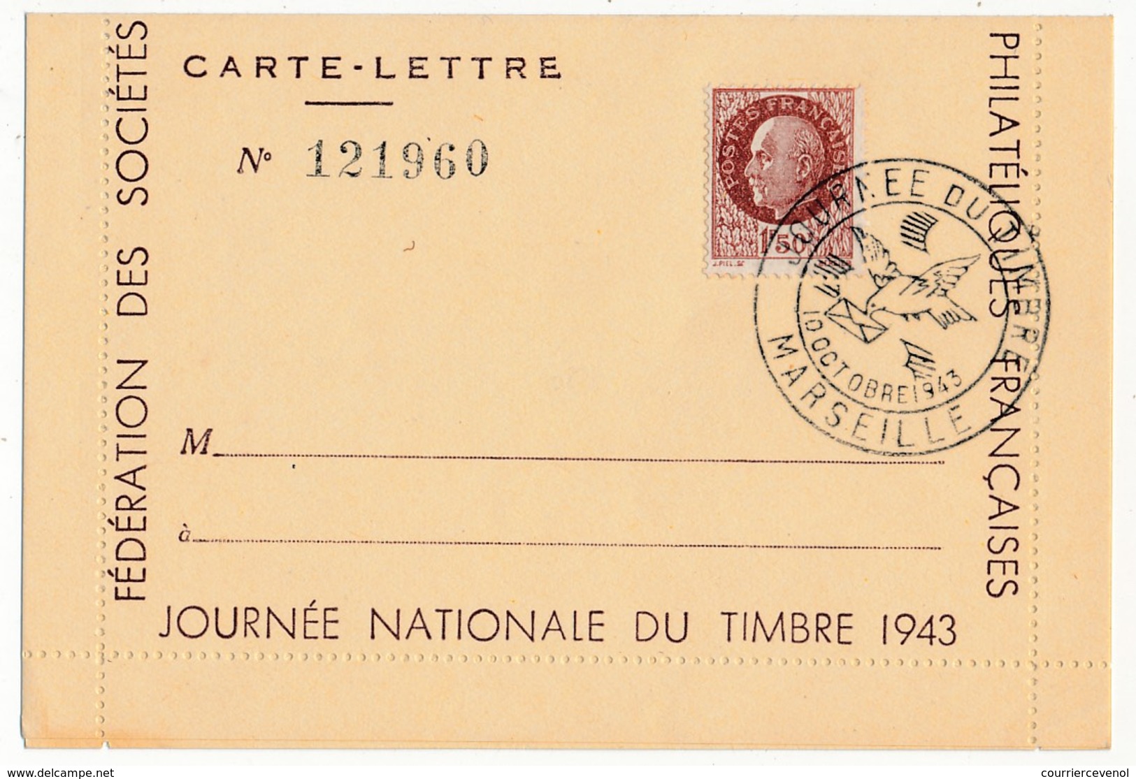 FRANCE - Carte-lettre Illustrée - Journée Du Timbre 1943 MARSEILLE - Dessin DRAIM - Affr 1,50 Bersier, Cachet Temporaire - Día Del Sello