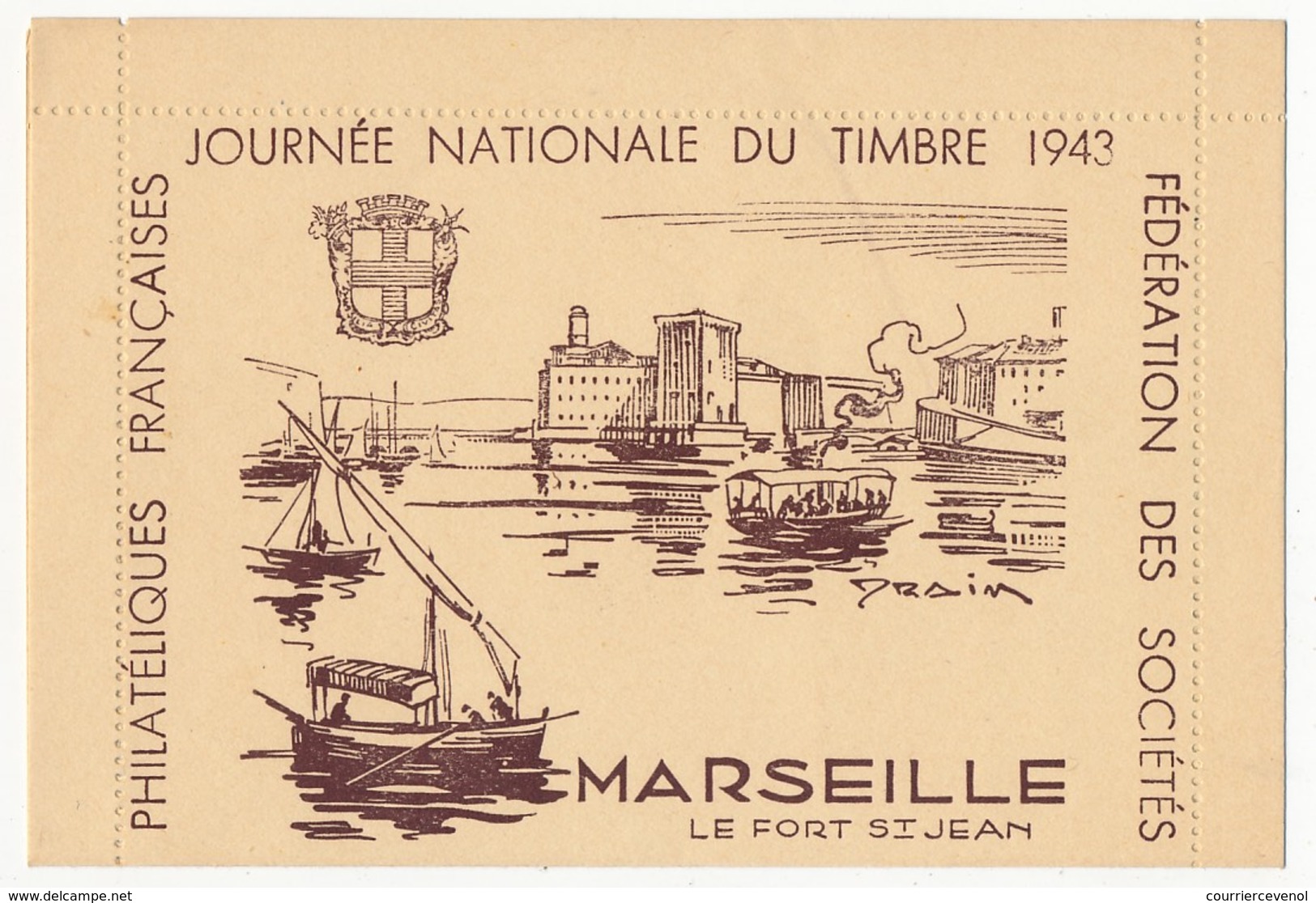 FRANCE - Carte-lettre Illustrée - Journée Du Timbre 1943 MARSEILLE - Dessin DRAIM - Affr 1,50 Bersier, Cachet Temporaire - Journée Du Timbre
