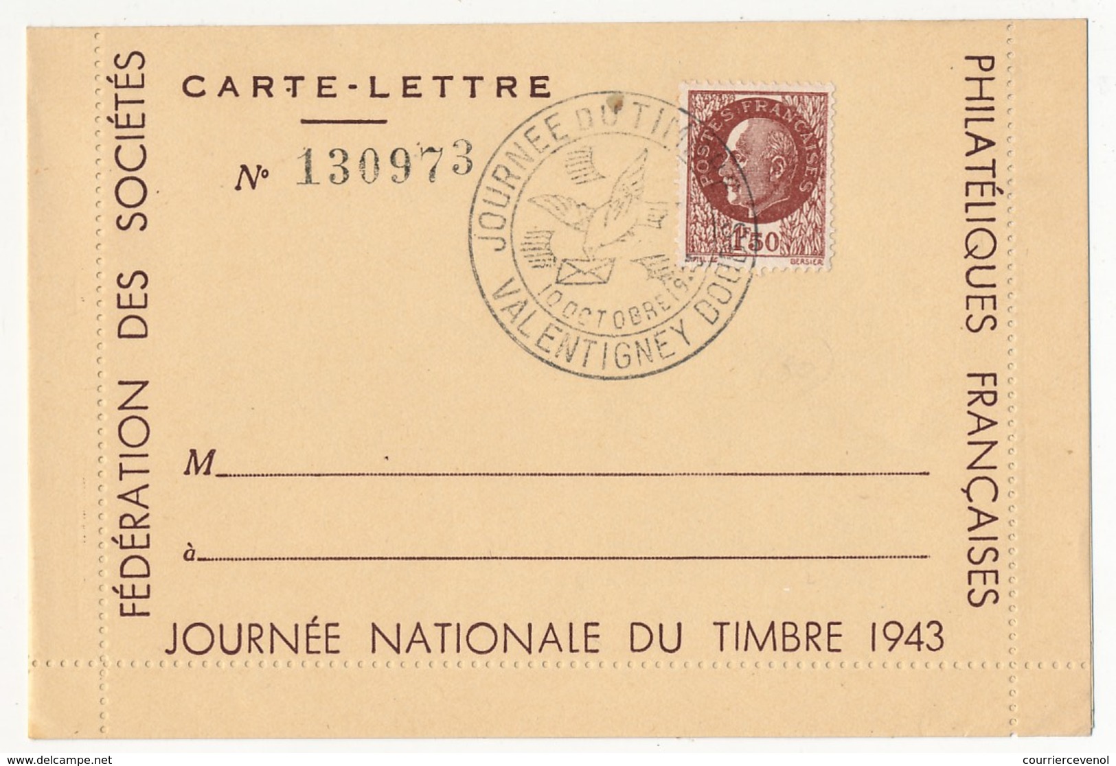 FRANCE - Carte-lettre Illustrée - Journée Du Timbre 1943 VALENTIGNEY - Affr 1,50 Bersier, Cachet Temporaire - Journée Du Timbre
