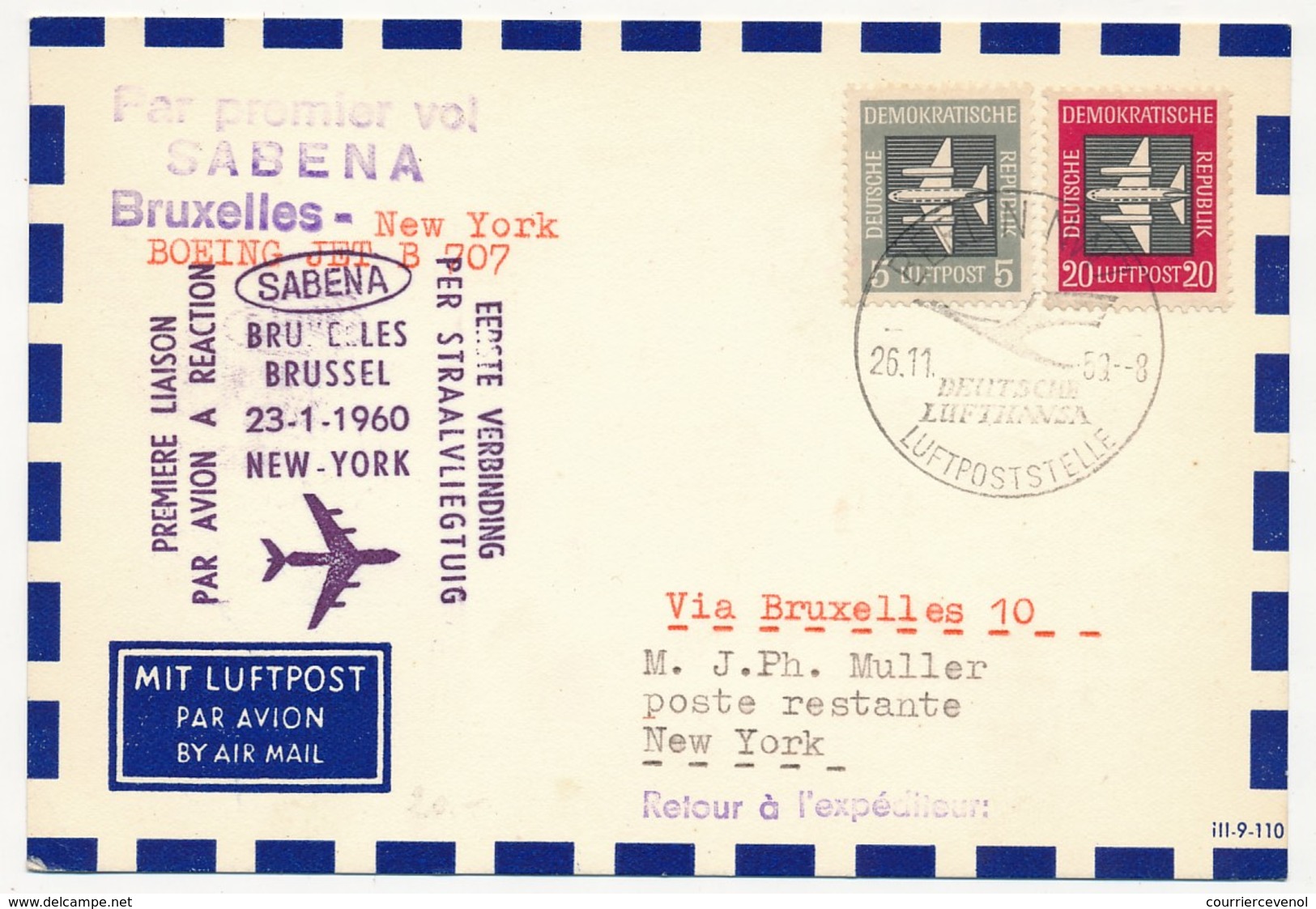 ALLEMAGNE DDR - 1ere Liaison Par Avion à Réaction BRUXELLES - NEW YORK - 23.1.1960 - SABENA - Cartas & Documentos