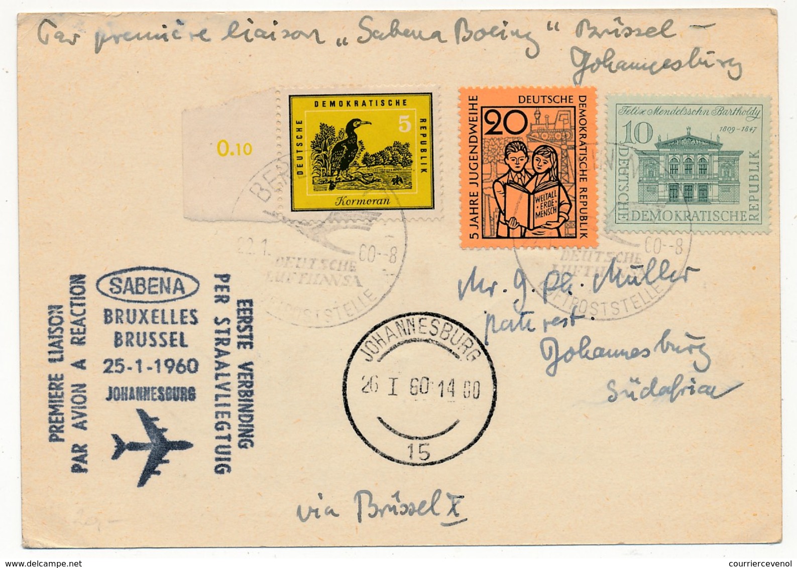 ALLEMAGNE DDR - 1ere Liaison Par Avion à Réaction BRUXELLES - JOHANNESBURG - 23.1.1960 - SABENA - Lettres & Documents