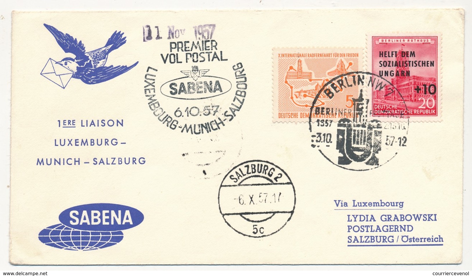 ALLEMAGNE DDR - 1er Vol Postal SABENA - LUXEMBOURG-MUNICH-SALZBOURG - 6.10.1957 - Lettres & Documents