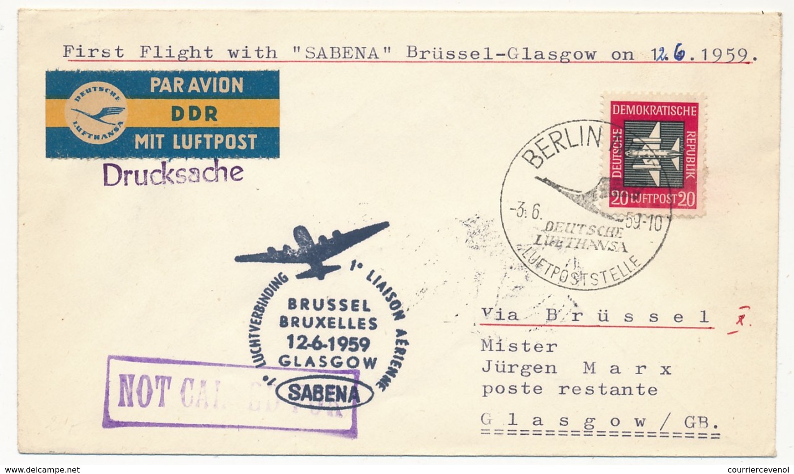 ALLEMAGNE DDR - 1ere Liaison Aérienne BRUXELLES - GLASGOW - SABENA - 12.6.1959 - Briefe U. Dokumente