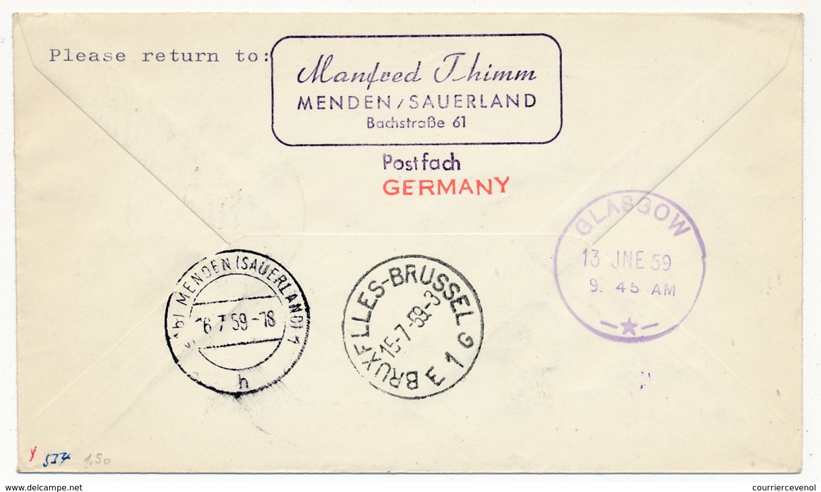 ALLEMAGNE DDR - 1ere Liaison Aérienne BRUXELLES - GLASGOW - SABENA - 12.6.1959 - Cartas & Documentos