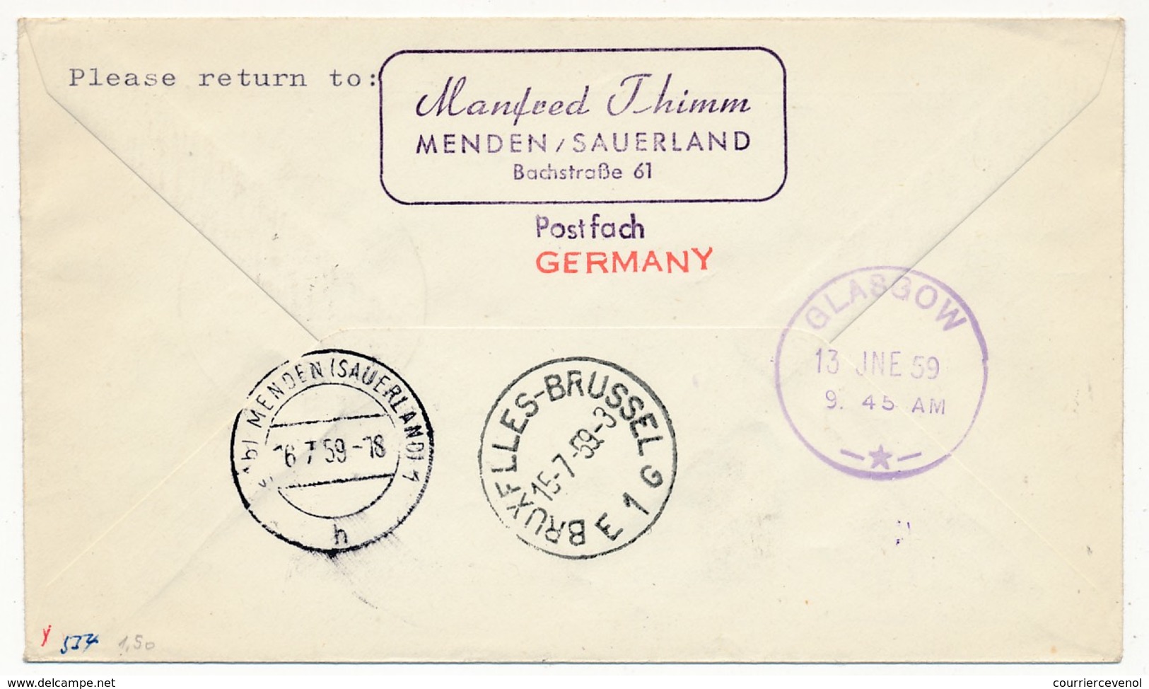 ALLEMAGNE DDR - 1ere Liaison Aérienne BRUXELLES - GLASGOW - SABENA - 12.6.1959 - Storia Postale