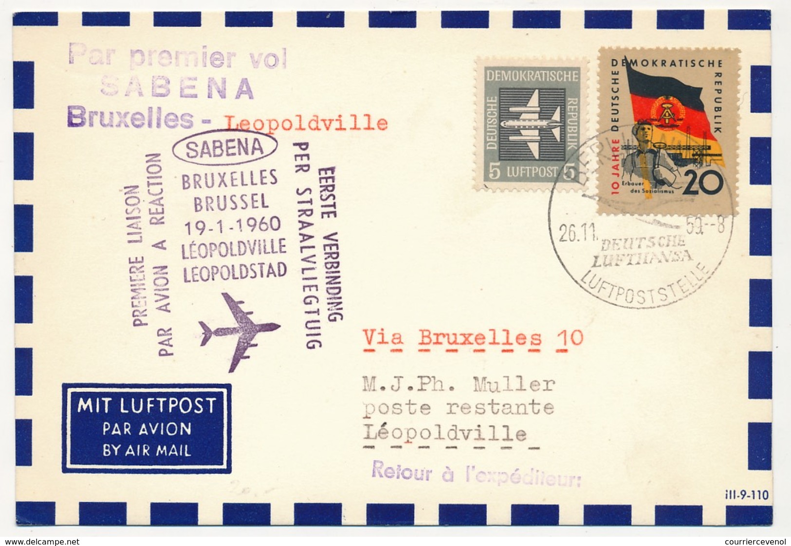 ALLEMAGNE DDR - 1ere Liaison Par Avion à Réaction SABENA - BRUXELLES LEOPOLDVILLE 19.1.1960 - Lettres & Documents