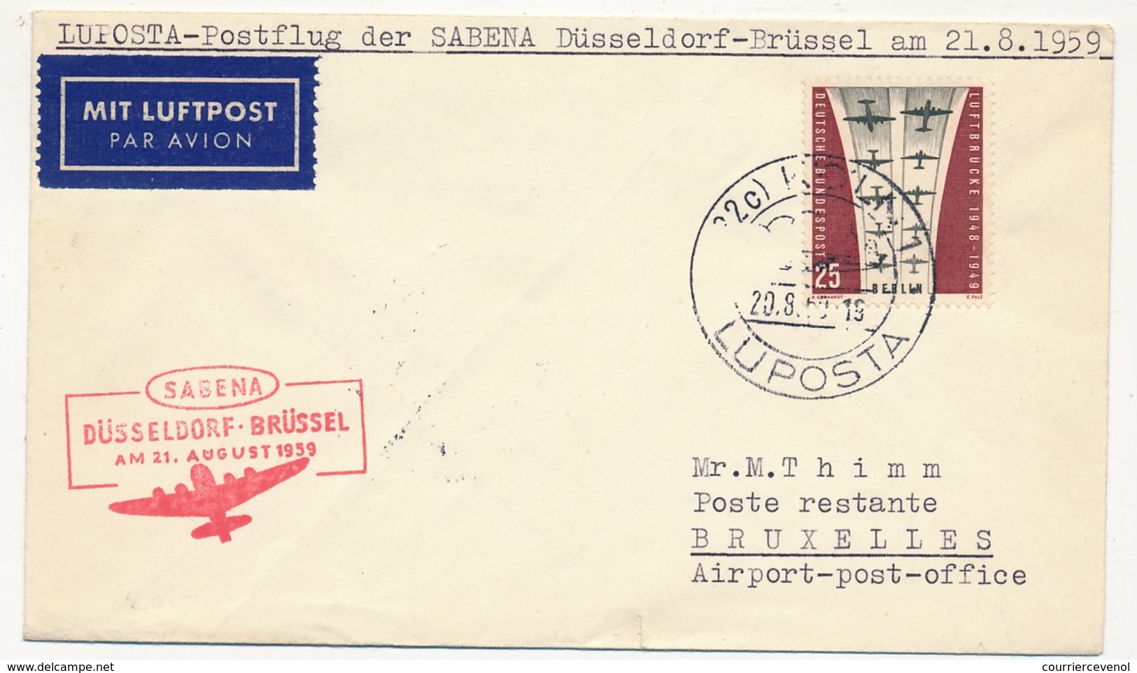 ALLEMAGNE - Premier Vol DUSSELDORF - BRUXELLES Par SABENA - 21 Aout 1959 - Cartas & Documentos