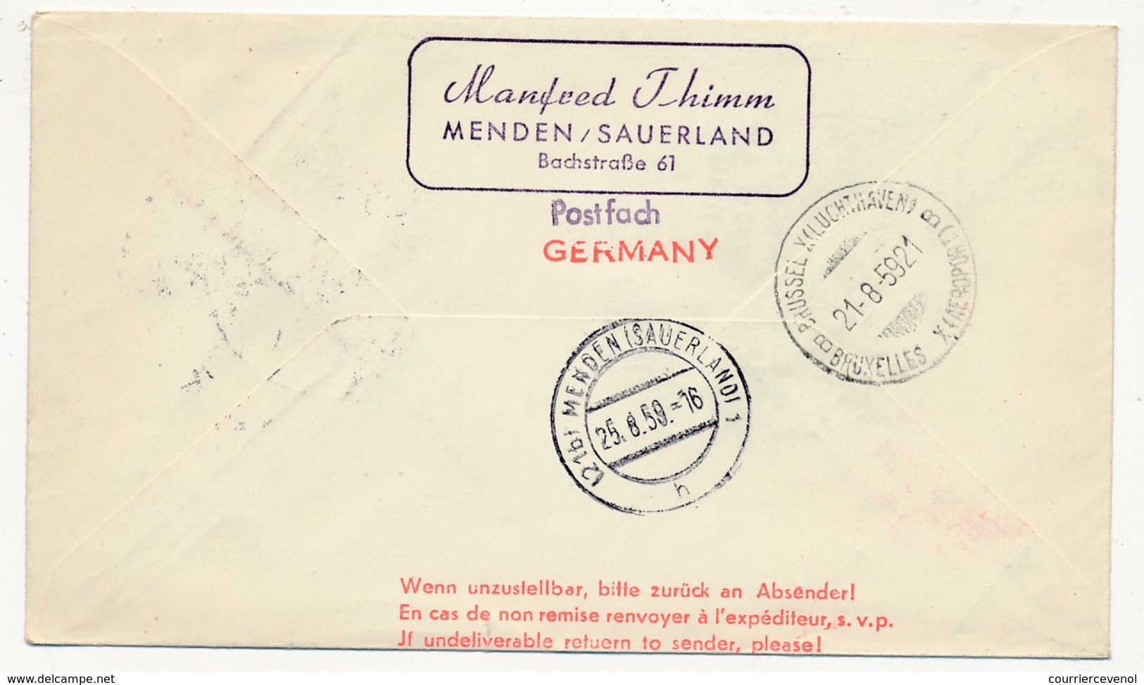 ALLEMAGNE - Premier Vol DUSSELDORF - BRUXELLES Par SABENA - 21 Aout 1959 - Cartas & Documentos