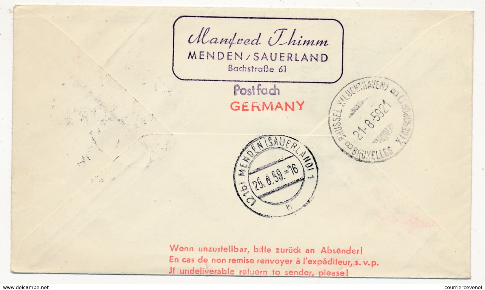 ALLEMAGNE - Premier Vol DUSSELDORF - BRUXELLES Par SABENA - 21 Aout 1959 - Lettres & Documents