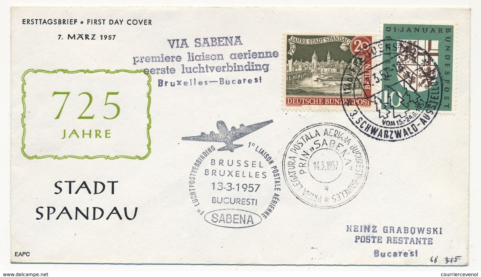 ALLEMAGNE BERLIN - Premier Vol BRUXELLES BUCAREST Par SABENA - 13 Mars 1957 - Lettres & Documents