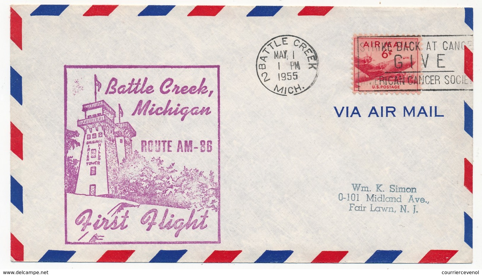 Etats Unis - Premier Vol BATTLE CREEK Michigan - Route AM - 86 - 1er Mai 1955 - Lettres & Documents