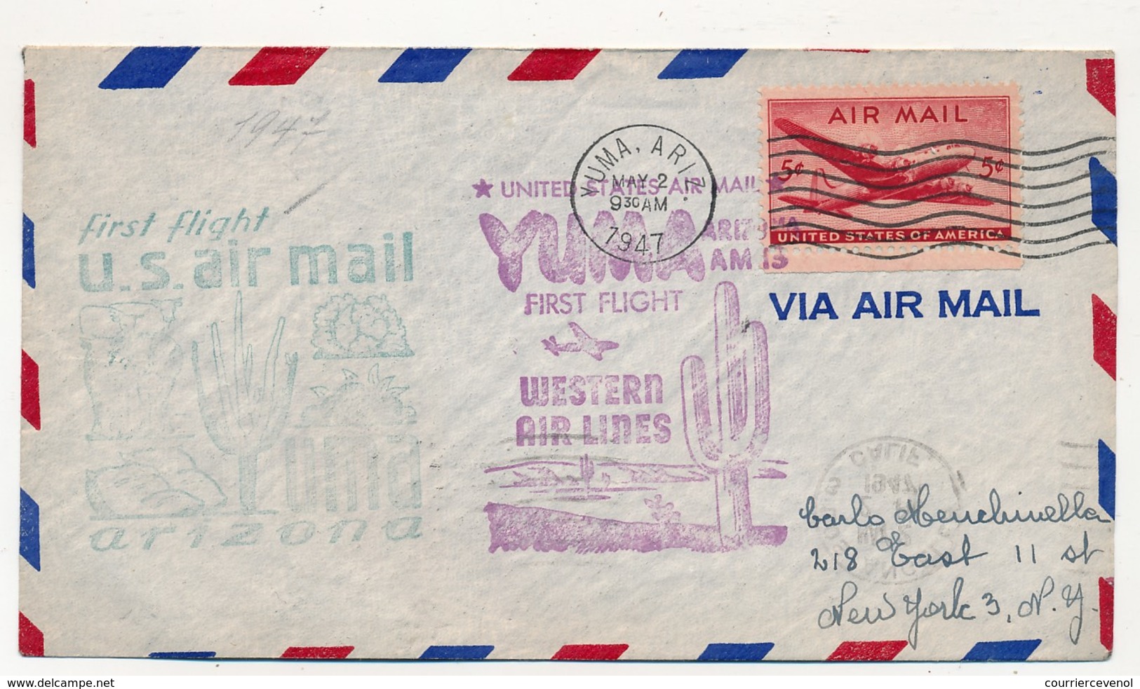 Etats Unis - Premier Vol YUMA Arizona - Western Air Lines - 2 Mai 1947 - 2c. 1941-1960 Cartas & Documentos