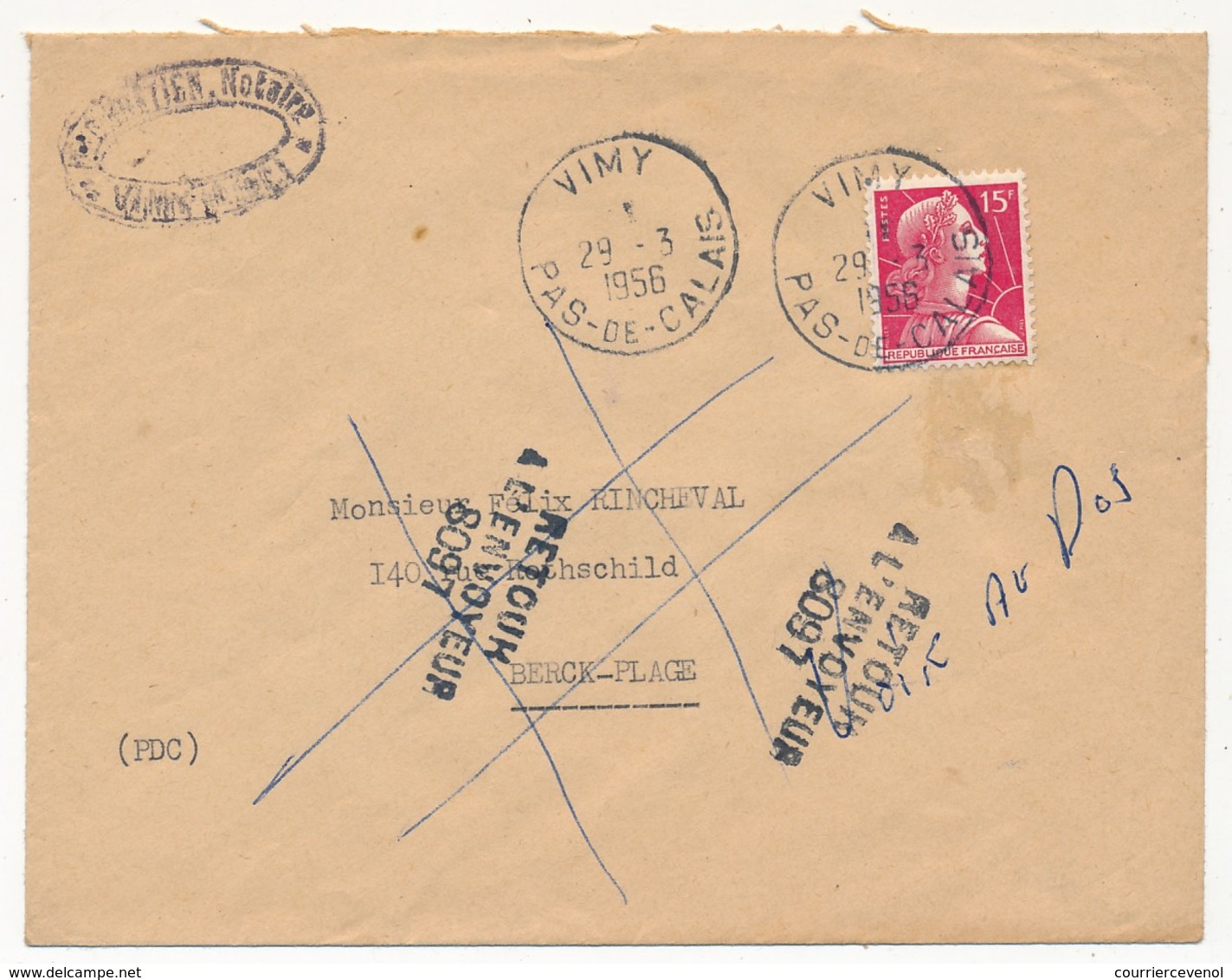 FRANCE - Enveloppe Depuis VIMY (Pas De Calais) 1956 - Cachet Numéroté "Retour à L'envoyeur 8097" - Cachets Manuels