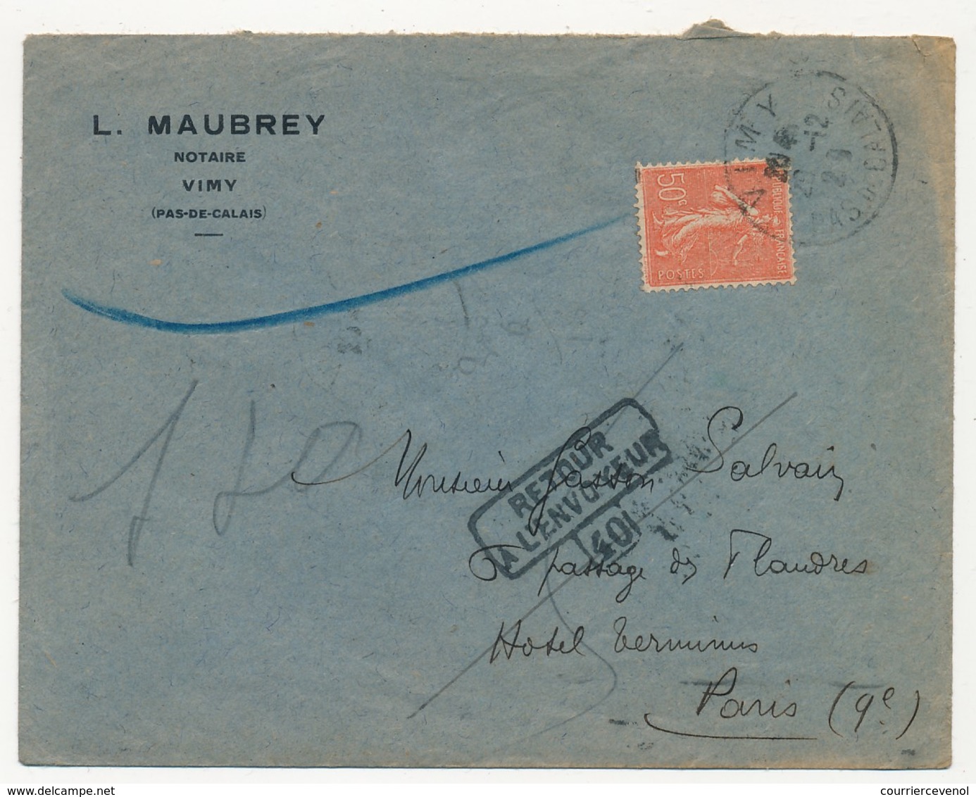 FRANCE - Enveloppe Depuis VIMY (Pas De Calais) 1929 - Cachet Numéroté "Retour à L'envoyeur 40" (Paris) - Manual Postmarks