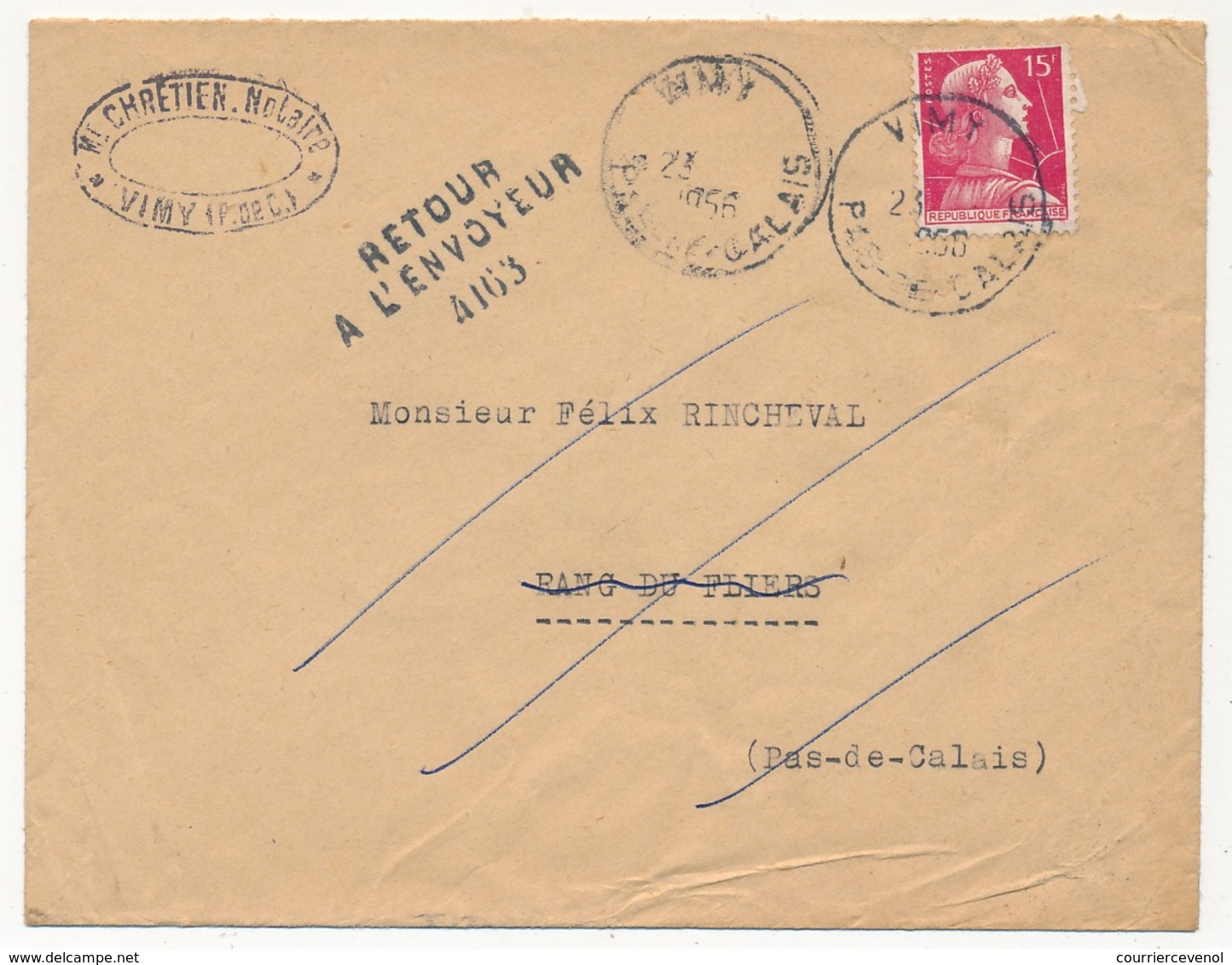 FRANCE - Enveloppe Depuis VIMY (Pas De Calais) 1956 - Cachet Numéroté "Retour à L'envoyeur 4163" (Rang Du Flier) - Handstempel