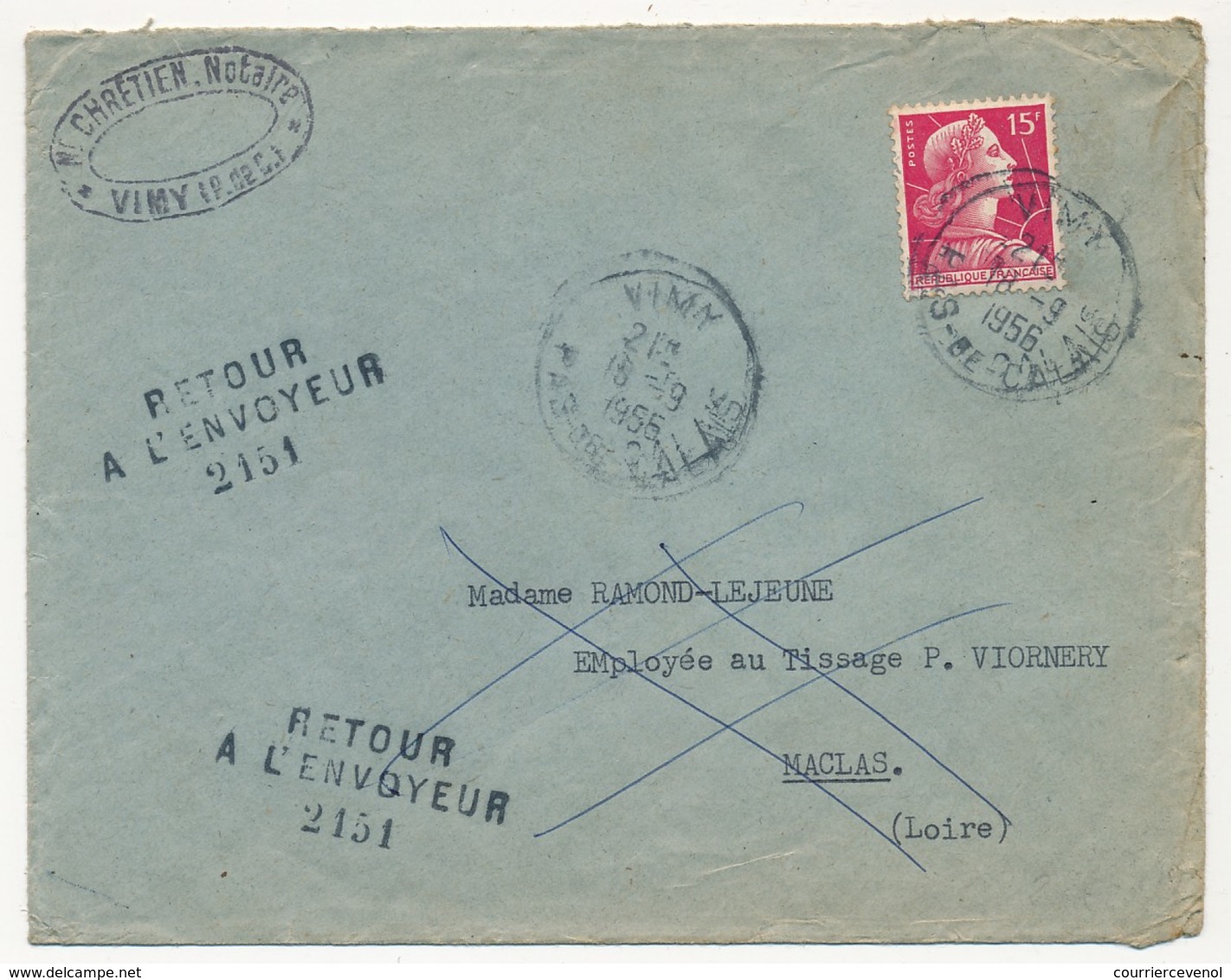 FRANCE - Enveloppe Depuis VIMY (Pas De Calais) 1956 - Cachet Numéroté "Retour à L'envoyeur 2151" (Maclas - Loire) - Manual Postmarks