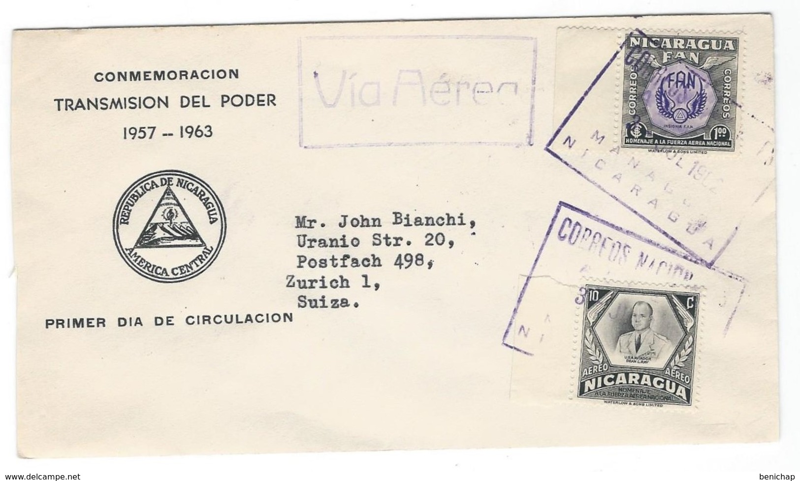 Covers Correos Aero Nicaragua - Managua - Zurich - Suiza - Commemoracion Transmission Del Poder 1957-1963 - Nicaragua