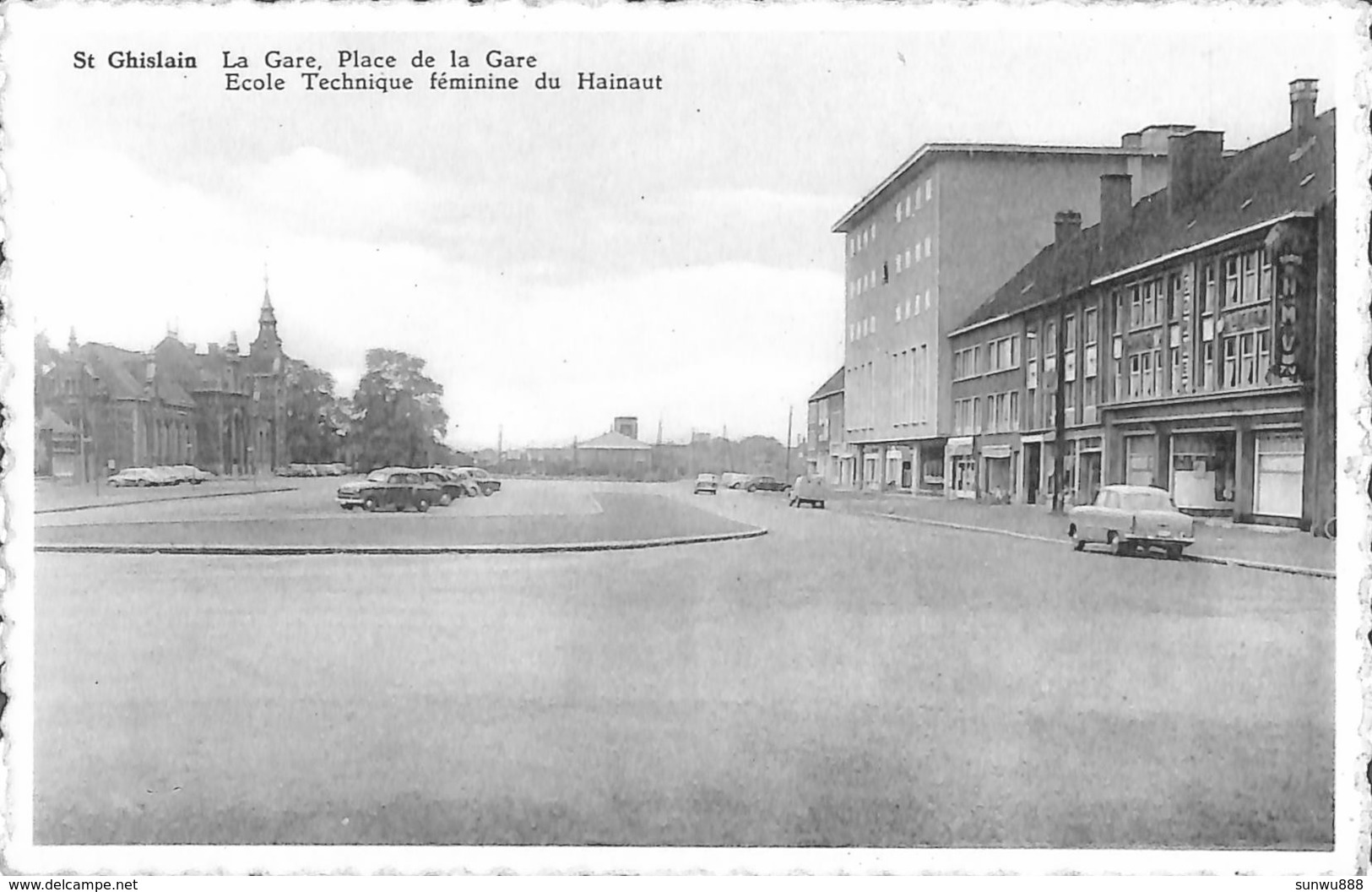 St Ghislain - La Gare, Place, Ecole Technique Féminine Du Hainaut (oldtimer, Edit. Bernard Bertiau 1952) - Saint-Ghislain