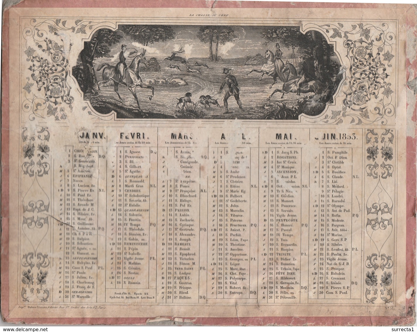 Calendrier 1853 / Scènes Chasse à Courre "La Chasse Au Cerf" Et "Le Cerf Aux Abois"/ Impr Dubois Trianon Paris - Formato Grande : ...-1900