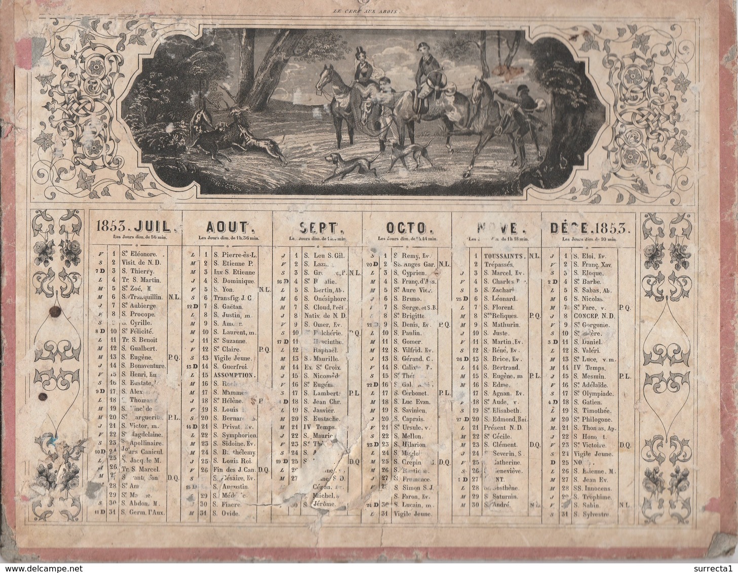 Calendrier 1853 / Scènes Chasse à Courre "La Chasse Au Cerf" Et "Le Cerf Aux Abois"/ Impr Dubois Trianon Paris - Groot Formaat: ...-1900