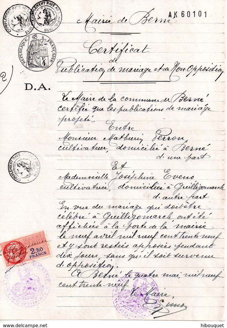 Certificat De Publication De Mariage Et De Non Opposition, Mairie De Berné, Tampon F4 Et D.A., Taxe Communale 2,5 Francs - Non Classés