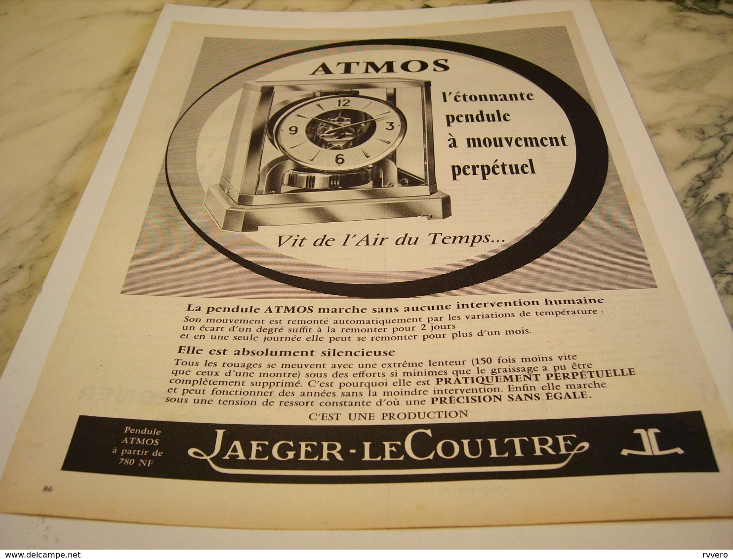 ANCIENNE PUBLICITE PENDULE ATMOS JAEGER-LECOULTRE 1961 - Autres & Non Classés