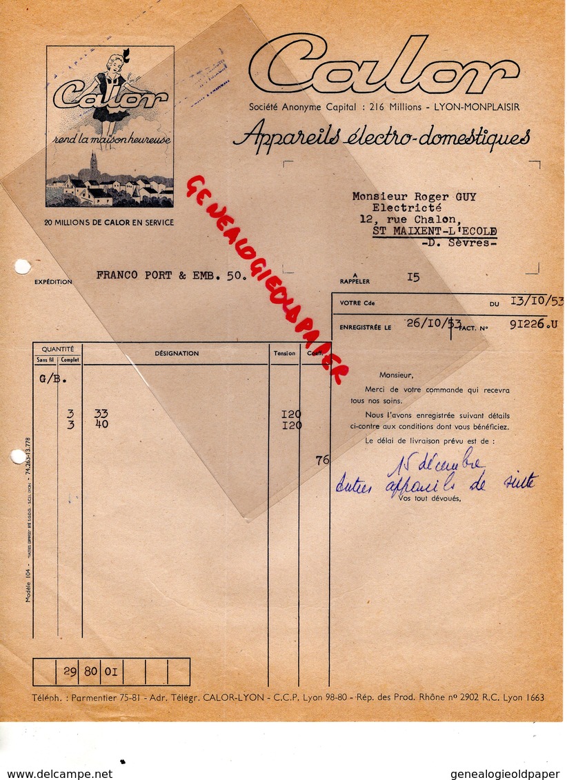 69 - LYON MONPLAISIR- FACTURE CALOR APPAREILS ELECTRO-DOMESTIQUES- A BASTARD VIERZON- 1950 - 1950 - ...