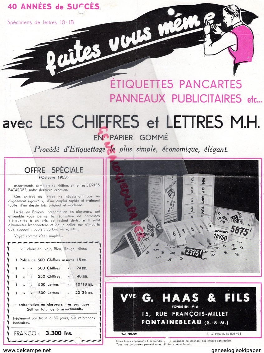 77 - FONTAINEBLEAU - RARE PUBLICITE 1953-VVE G. HAAS & FILS- ETIQUETTES PANCARTES -PAPIER GOMME- 15 RUE FRANCOIS MILLET - Werbung