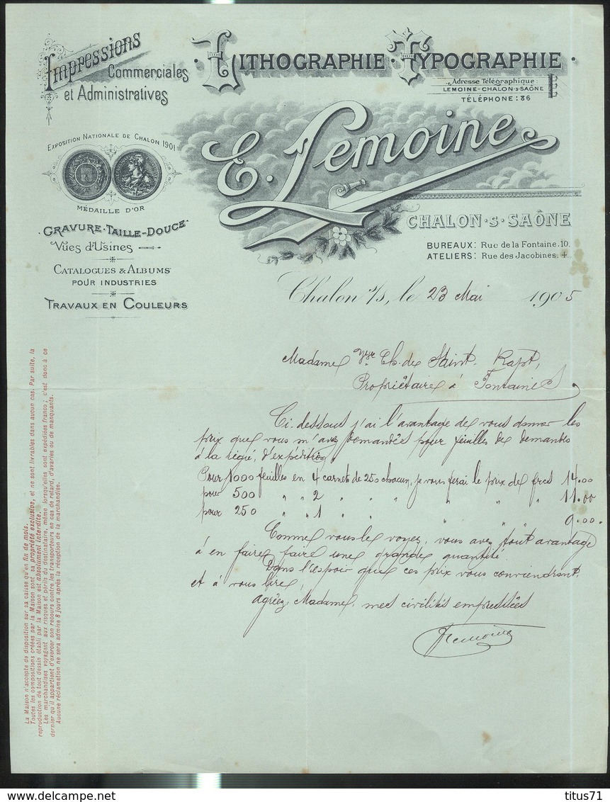 Devis Lemoine - Lithographie Typographie - Chalon Sur Saône - Mai 1905 - 21 X 27 Cm - 1800 – 1899
