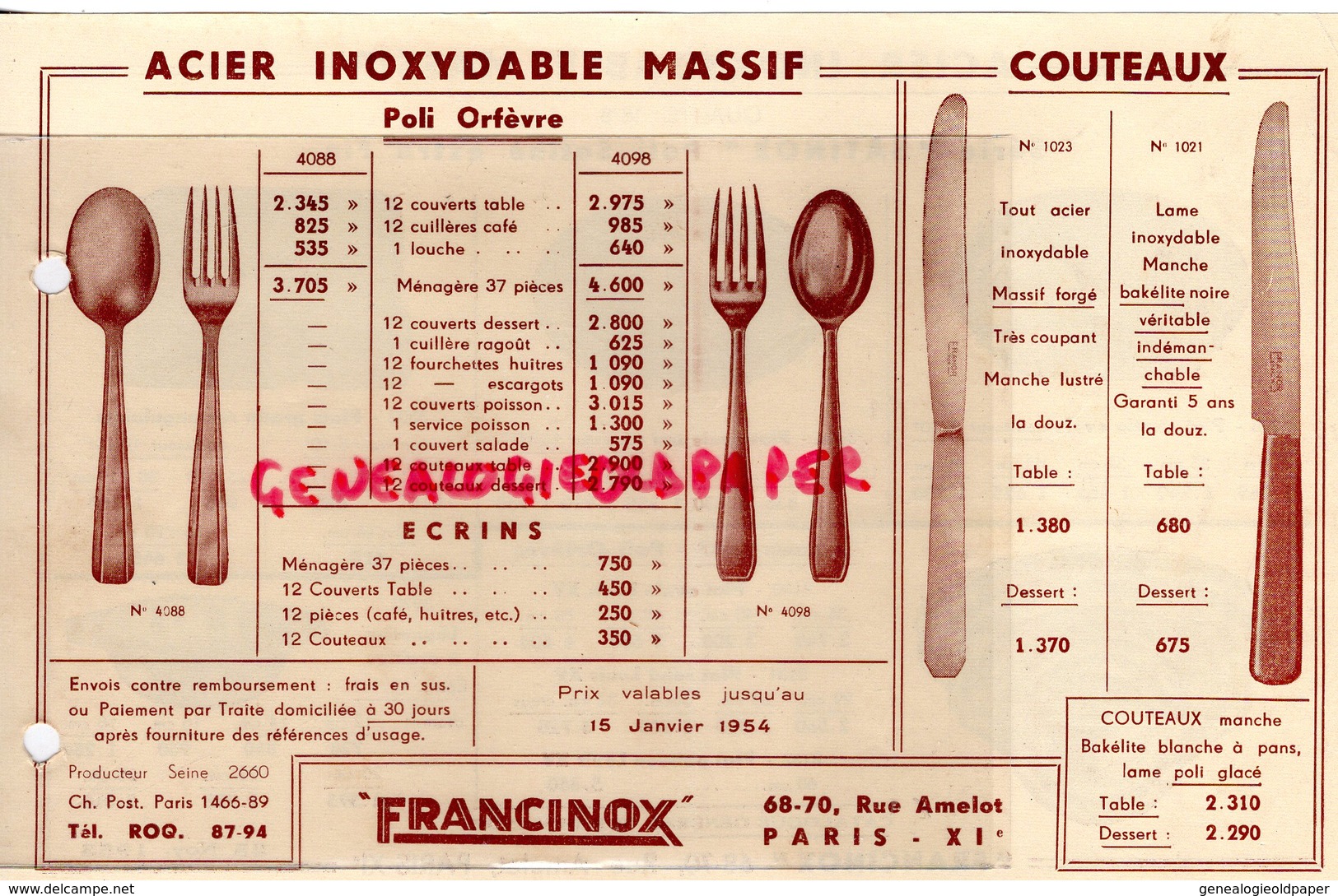 75- PARIS- RARE PUBLICITE FRANCINOX- ACIER INOXIDABLE-ORFEVRE- 68 RUE AMELOT -NOVEMBRE 1953 - Reclame