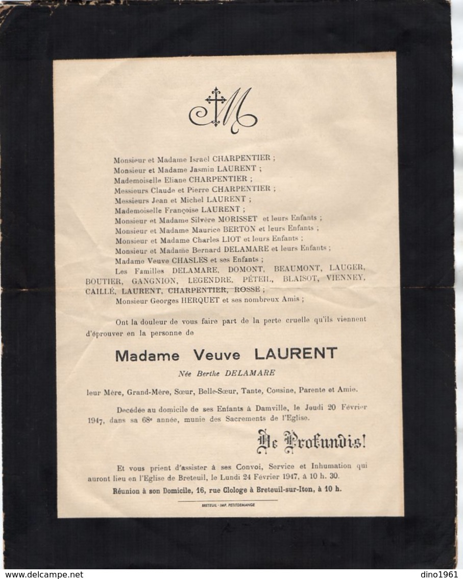 VP16.153 - BRETEUIL - SUR - ITON - 1947 - Faire - Part De Décès De Mme Veuve LAURENT Décédée à DAMVILLE - Décès