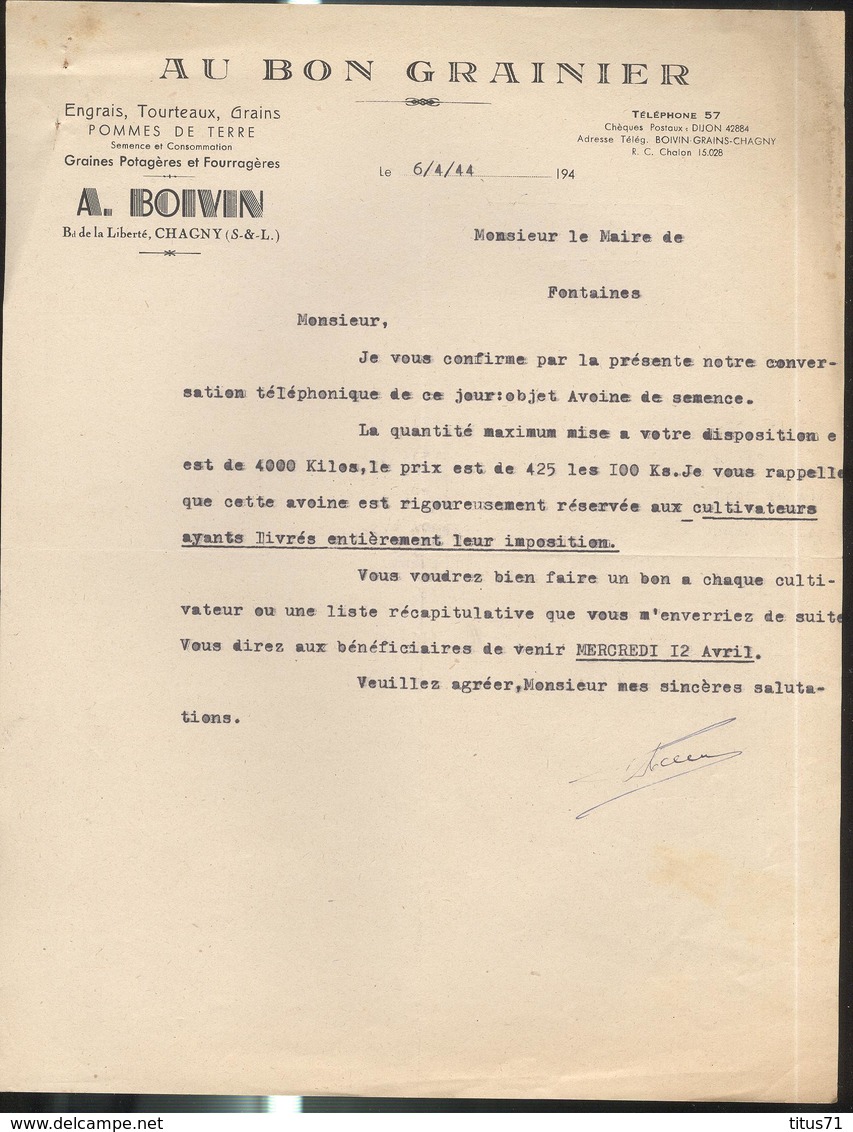 Courrier " Au Bon Grainier " Ets Boivin à Chagny - Objet : Avoine De Semence - 6/4/1944 - 1800 – 1899