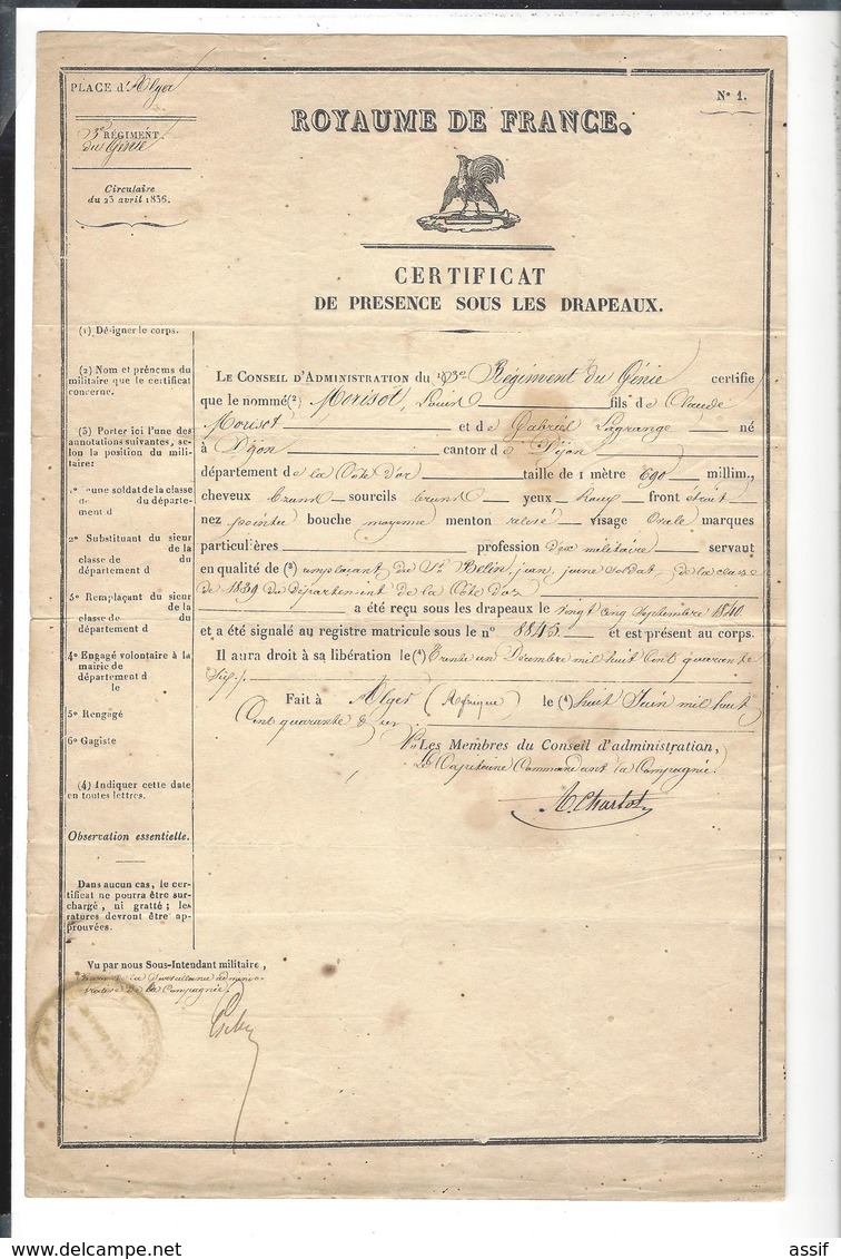 ROYAUME DE FRANCE  Alger Certificat De Présence Sous Les Drapeaux 1841 ( Génie 3 è Régiment  Morisot Dijon ) - Documenti