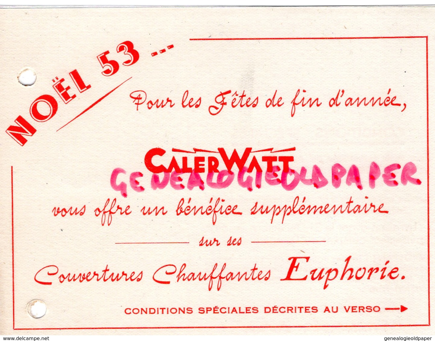 86- POITIERS - RARE CARTON PUBLICITAIRE CALERWATT- NOEL 1953- COUVERTURES CHAUFFANTES EUPHORIE - Advertising